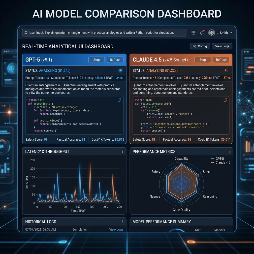 Futuristic UI dashboard showing a user comparing GPT-5 and Claude 4.5 side-by-side in real-time with analytical charts and inference data.