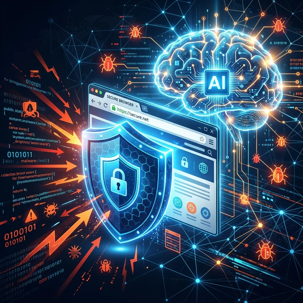 Conceptual illustration showing a digital shield protecting an internet browser from cyber attacks