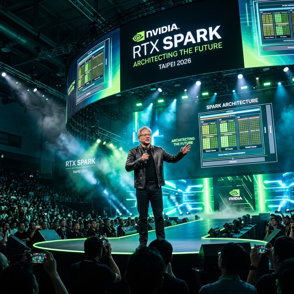 Jensen Huang on stage at Computex 2026 in Taipei, Taiwan presenting Nvidia RTX Spark to a packed conference hall with massive LED screens showing chip diagrams