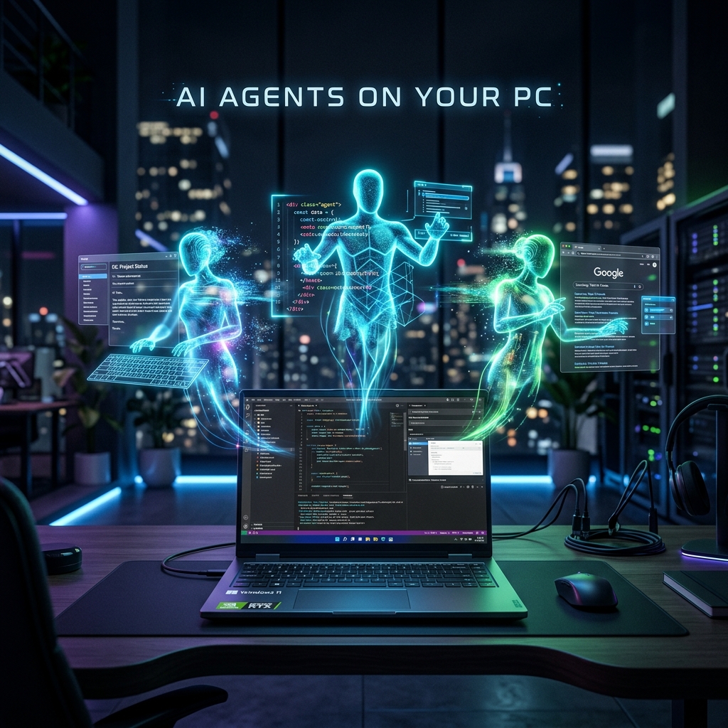 AI agents running locally on a Windows PC powered by Nvidia RTX Spark — holographic agent tasks including email, coding, and research floating above a laptop screen
