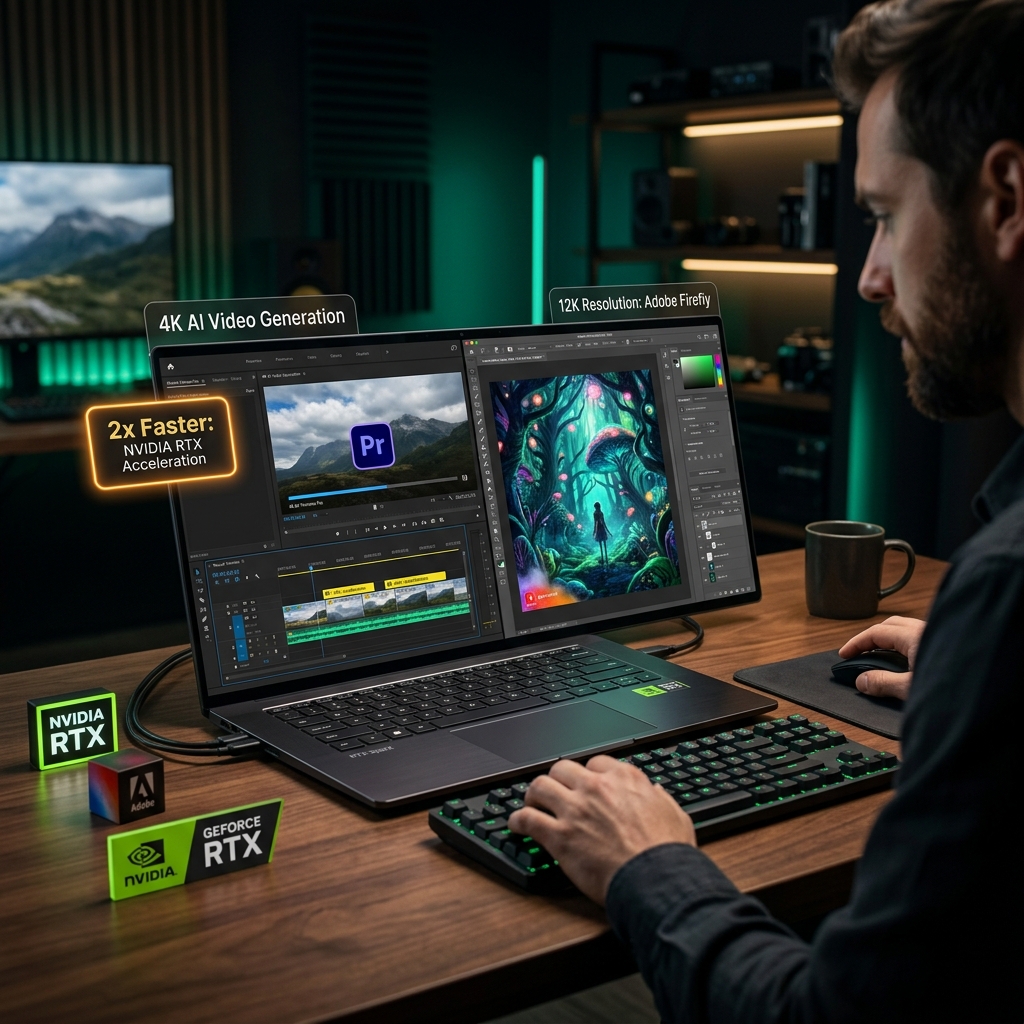 Adobe Photoshop and Premiere Pro running on NVIDIA RTX Spark laptop — 2x faster AI performance with Firefly Generative Fill and 12K video editing