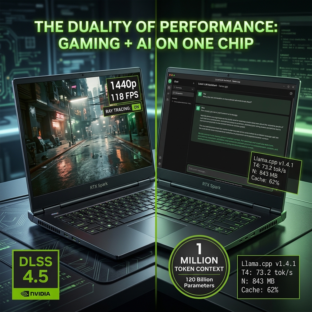 NVIDIA RTX Spark dual capability — 1440p AAA gaming with DLSS 4.5 ray tracing alongside 120 billion parameter LLM running locally via llama.cpp