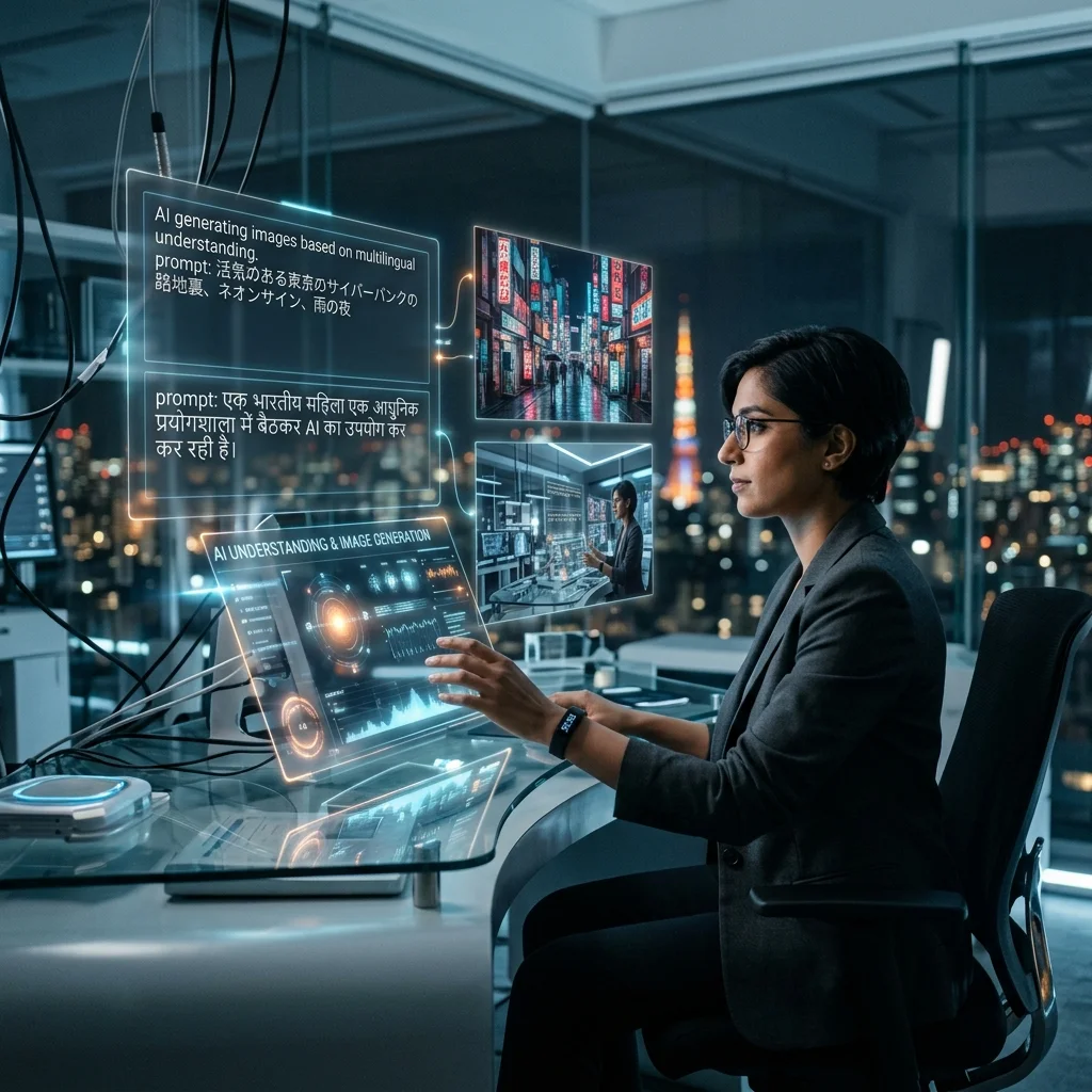 Cinematic display of floating digital screens showcasing non-Latin languages and high-resolution art