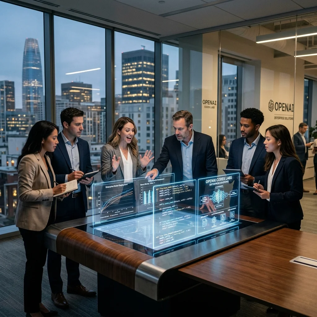 Futuristic enterprise office with professionals collaborating around a glowing AI holographic code display