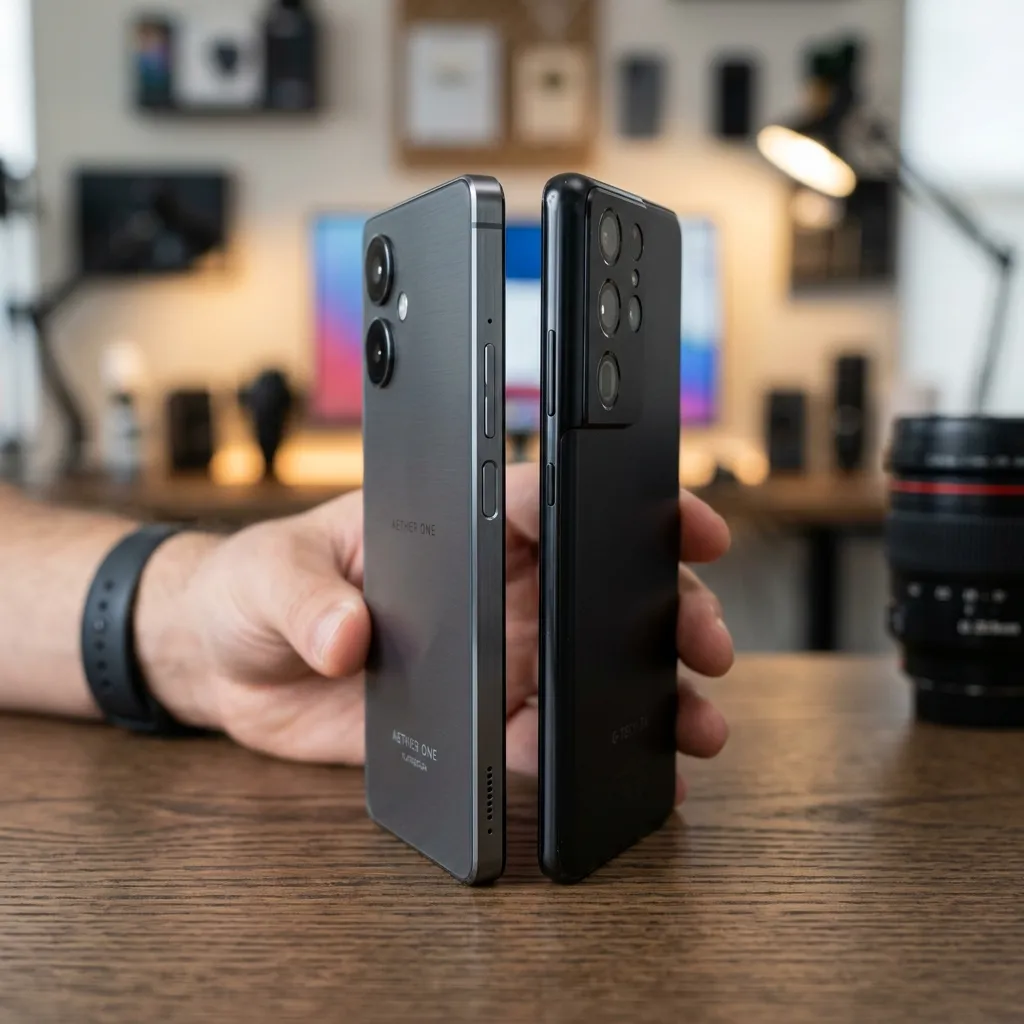 Side profile shot comparing Pixel 10a flat design with a smartphone that has a massive camera bump