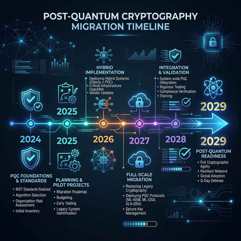 Digital graph showing the post-quantum cryptography migration pipeline targeting 2029.