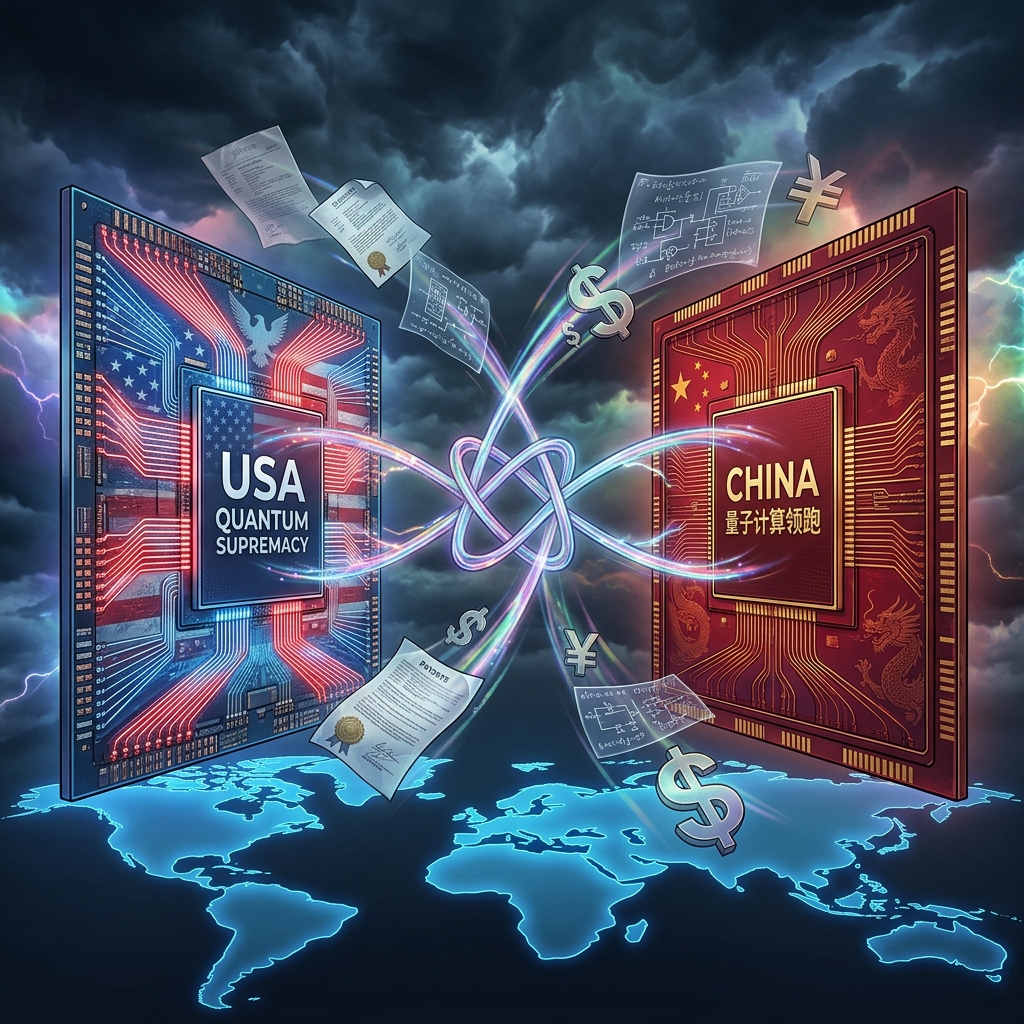 Dramatic editorial visualization of the US-China quantum computing geopolitical race — two competing quantum processors in national colors facing each other above a world map with entangled photon beams