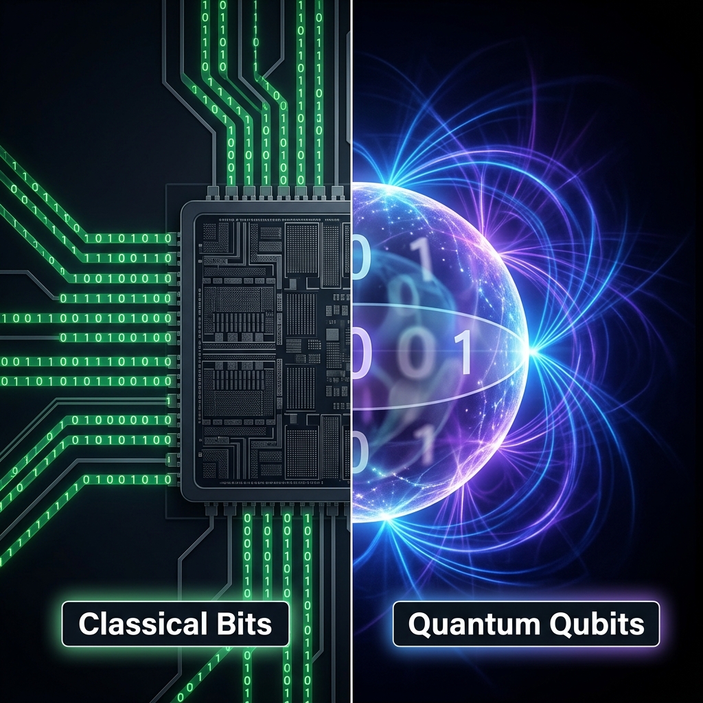 Split editorial illustration contrasting classical bits (0s and 1s on a silicon chip) with a glowing qubit sphere in quantum superposition surrounded by entanglement patterns