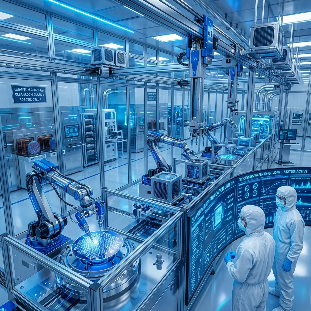 High-tech semiconductor cleanroom focusing on quantum chips