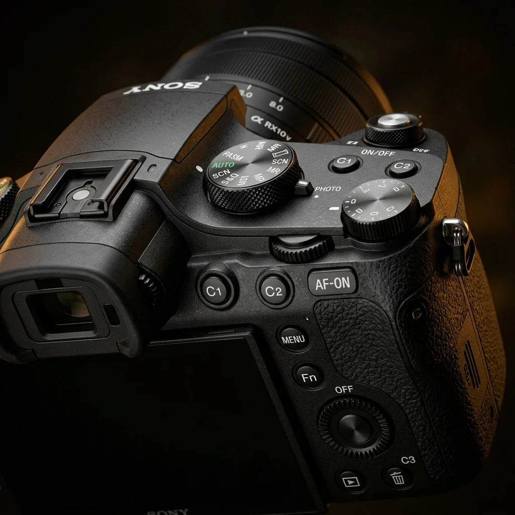 Close-up of the Sony RX10 V control deck showing dial layout and custom buttons