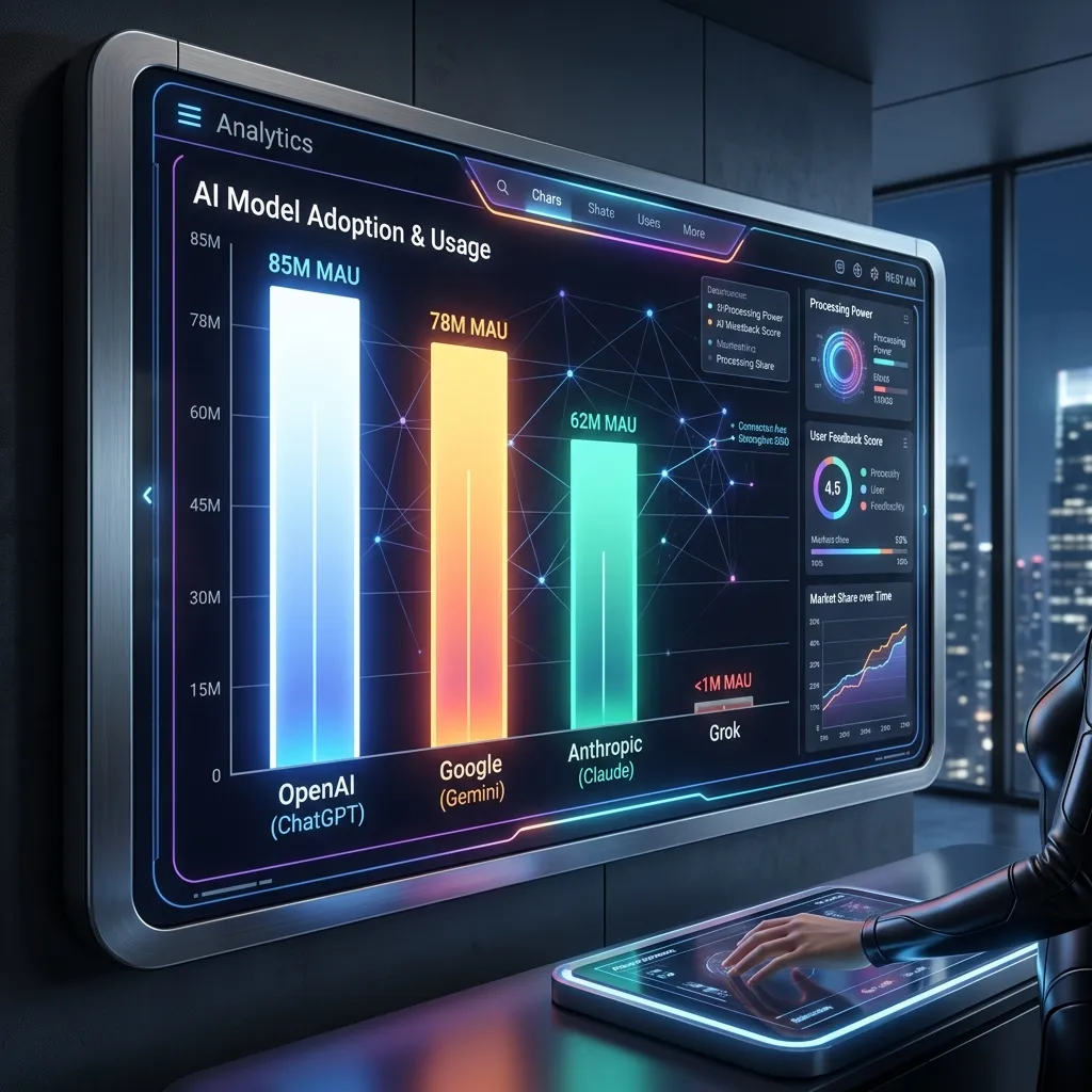 Futuristic analytics dashboard comparing AI models showing OpenAI and Microsoft dominating over Grok
