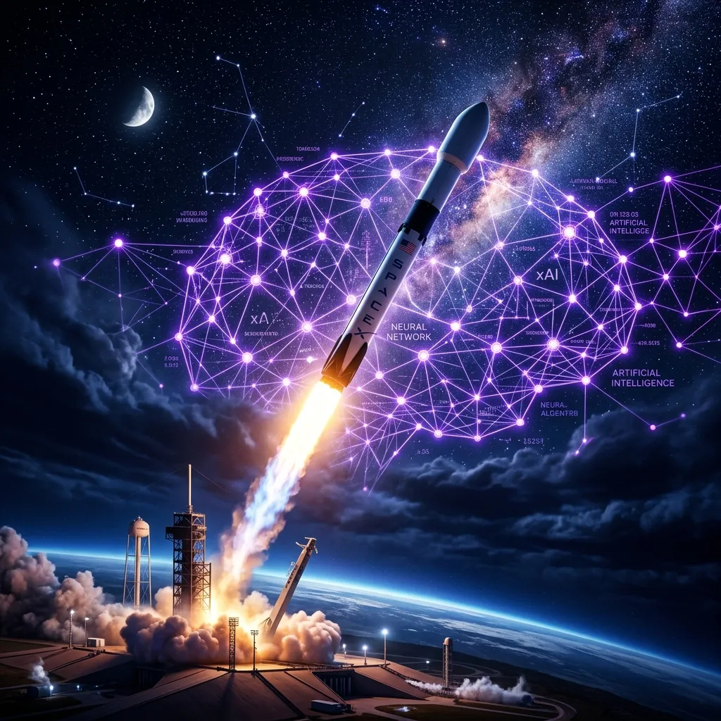 SpaceX rocket launching with glowing violet neural network graphics in the background representing xAI valuation