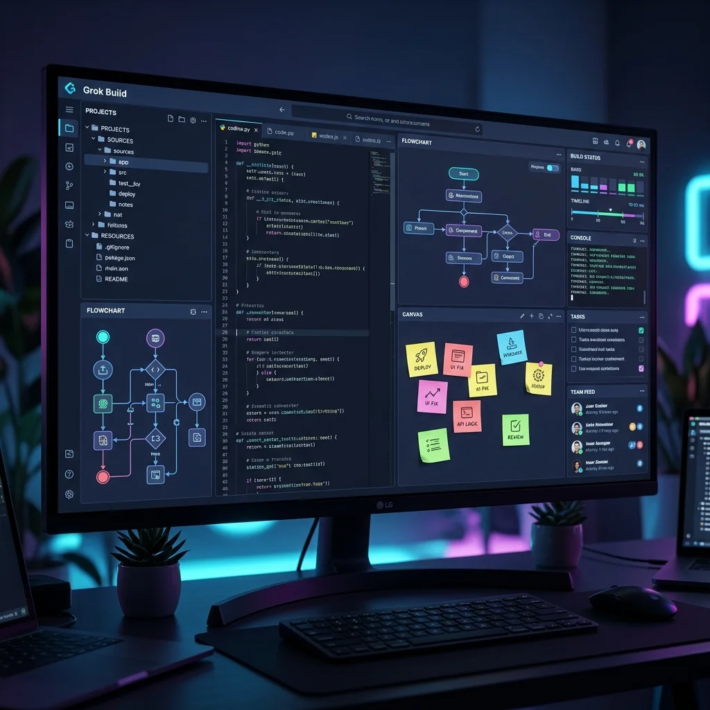 The Grok Build multi-file workspace environment with automated flowchart mappings