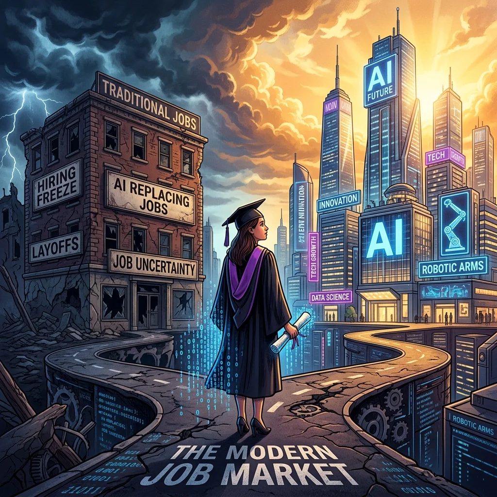 Editorial illustration of a 2026 college graduate standing at a crossroads between an AI-driven future and traditional job market uncertainty