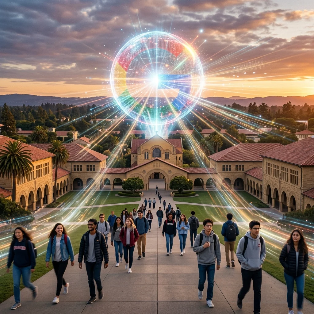 Aerial view of Stanford University campus at golden sunset with a glowing AI orb rising from the center, representing Google CEO Sundar Pichai's message of optimism about AI's future