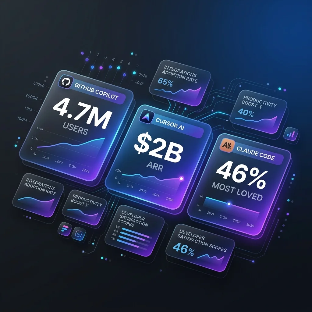 AI coding tools market comparison 2026 — data visualization showing GitHub Copilot 4.7M users, Cursor AI $2B ARR, Claude Code 46% most loved developer satisfaction rating