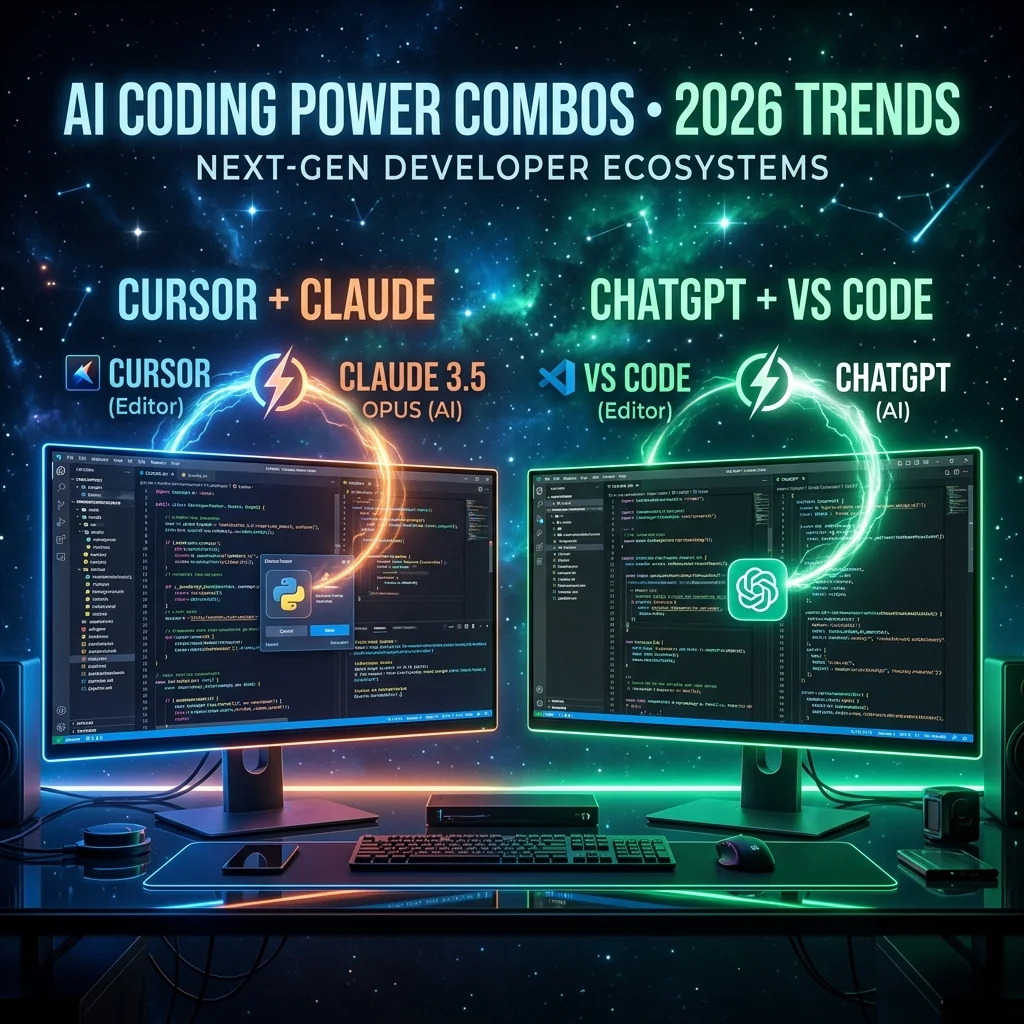 AI coding power combos for 2026 — Cursor AI plus Claude Code for serious development, ChatGPT plus VS Code for fast learning, showing two glowing developer workstations