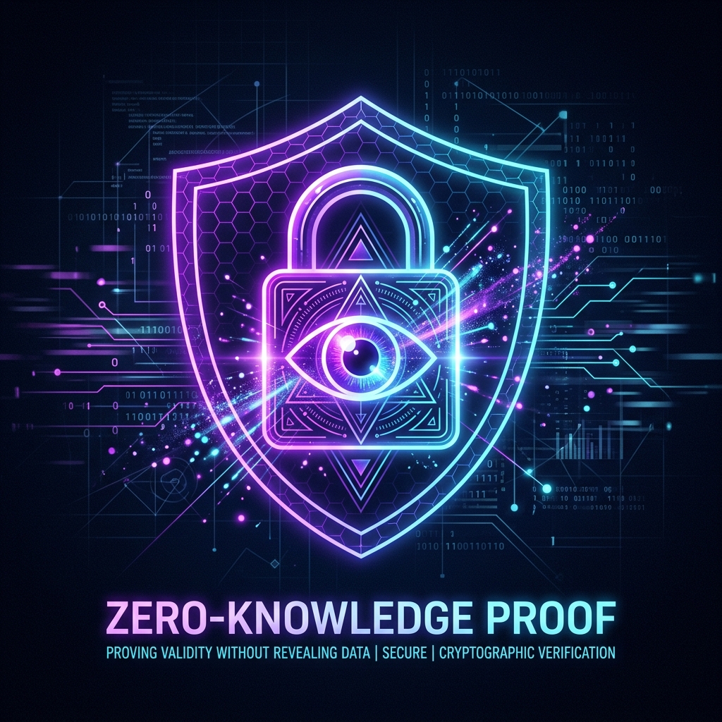Abstract visual representation of cryptographic zero-knowledge proofs securing digital assets.